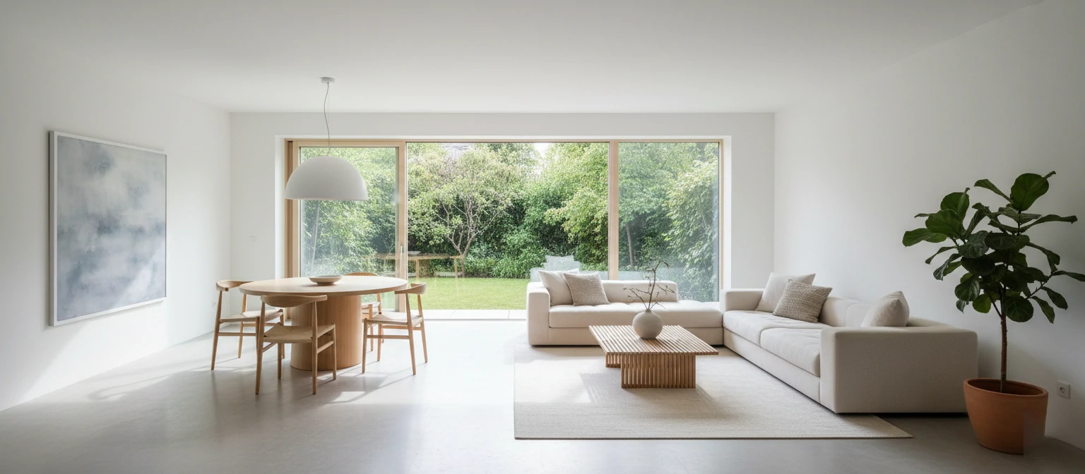 Wide-angle interior shots with natural lighting and minimal staging