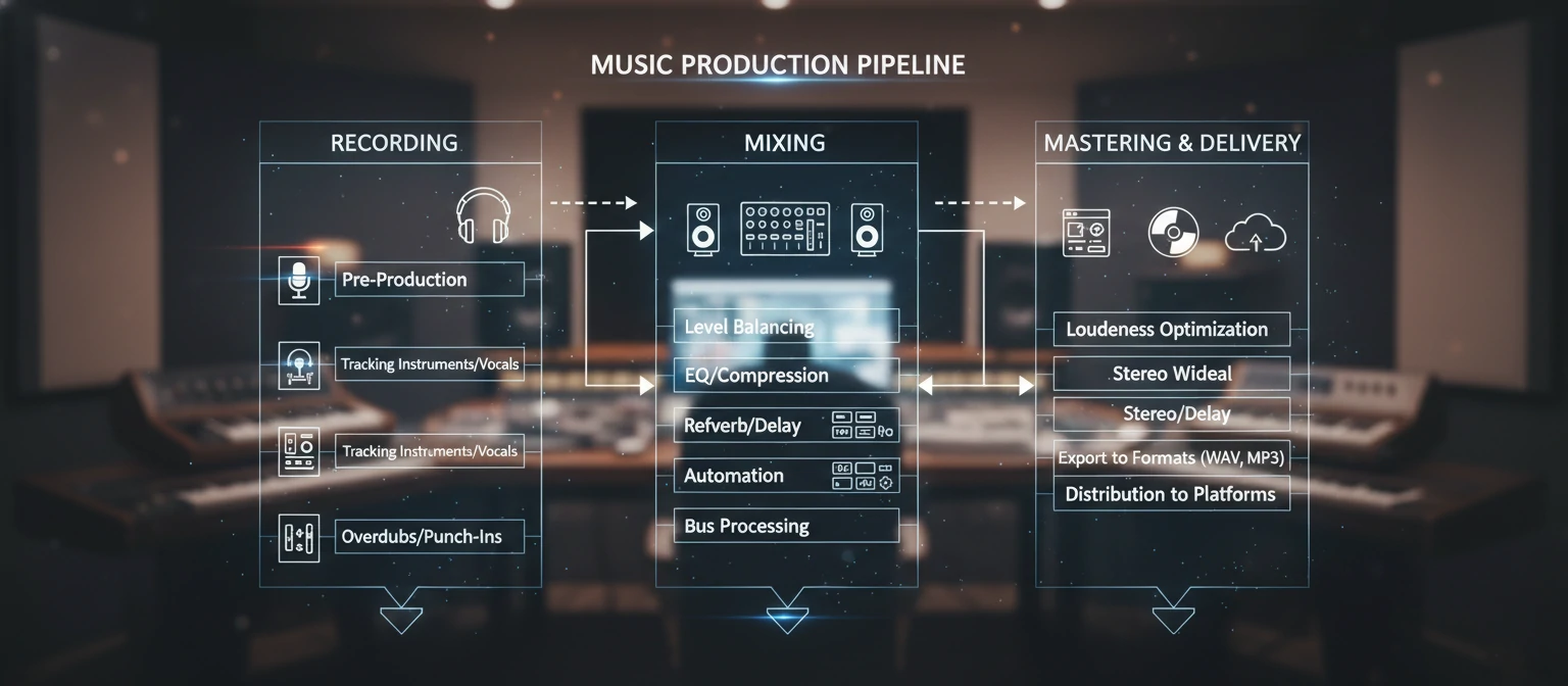 Workflow diagram showing a typical music production pipeline from recording through mixing to final delivery