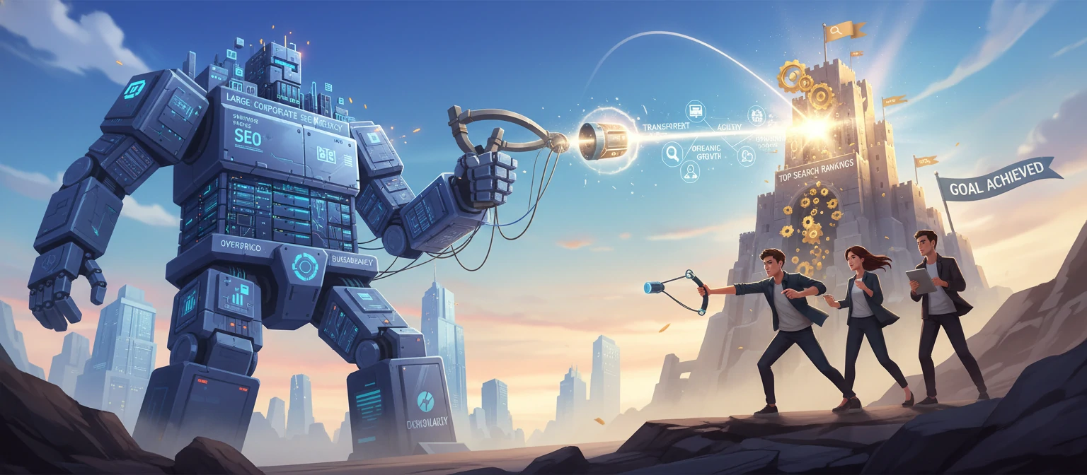 A David and Goliath-style illustration showing a small, nimble SEO team achieving the same results as a large corporate agency