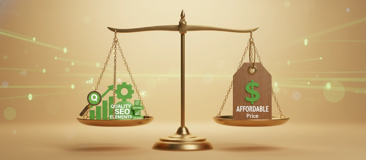 A balanced scale showing quality SEO elements on one side and a reasonable price