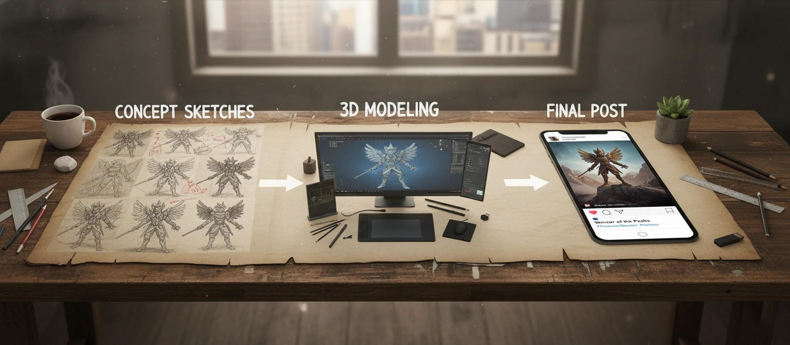 A behind-the-scenes style infographic showing the creation pipeline from character concept sketches to 3D model