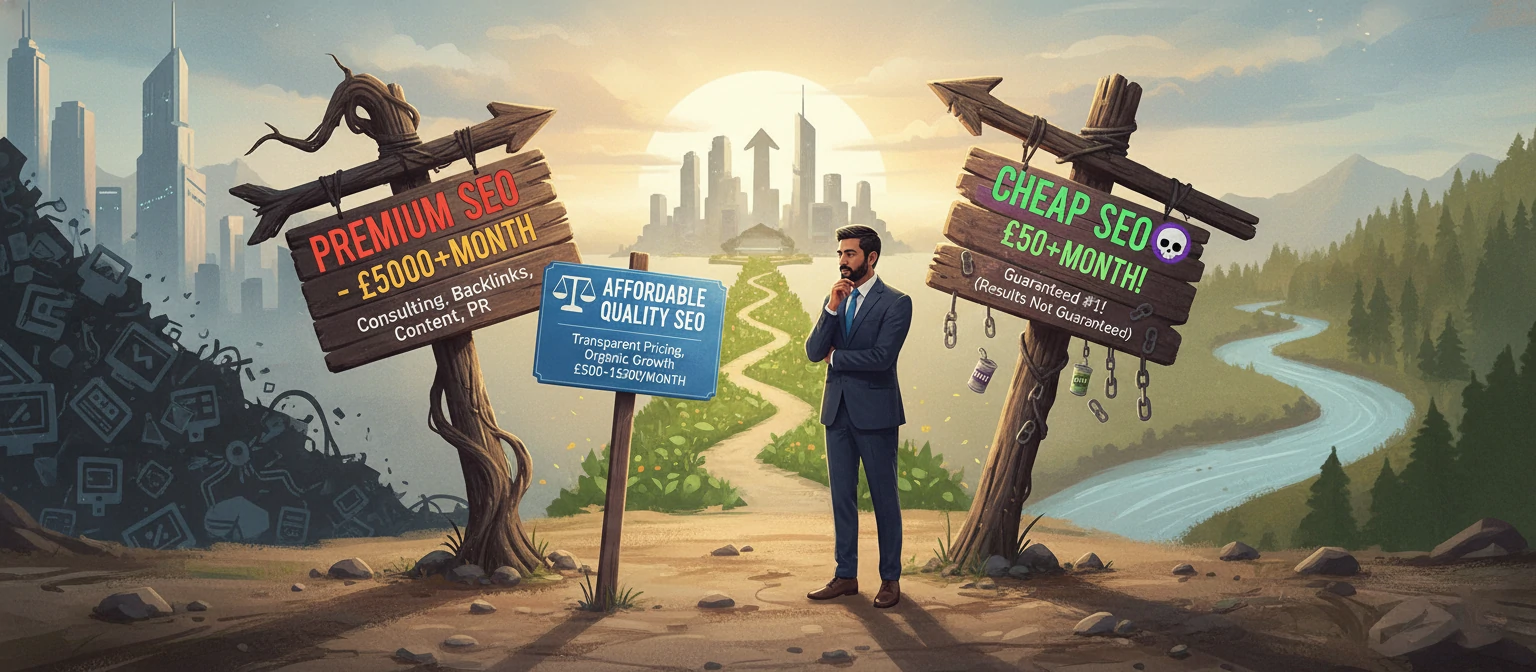 A business owner at a crossroads with signposts pointing to different SEO options