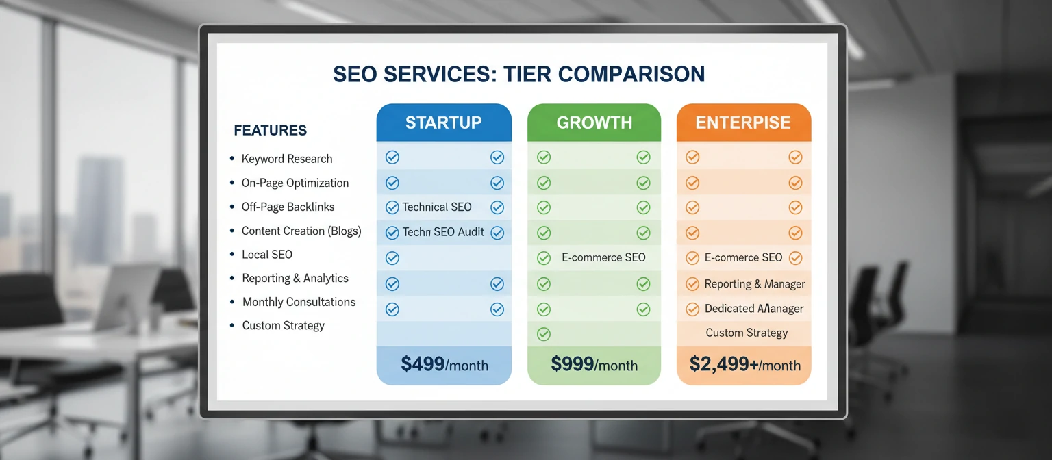 A clean, professional pricing comparison chart showing different tiers of SEO services