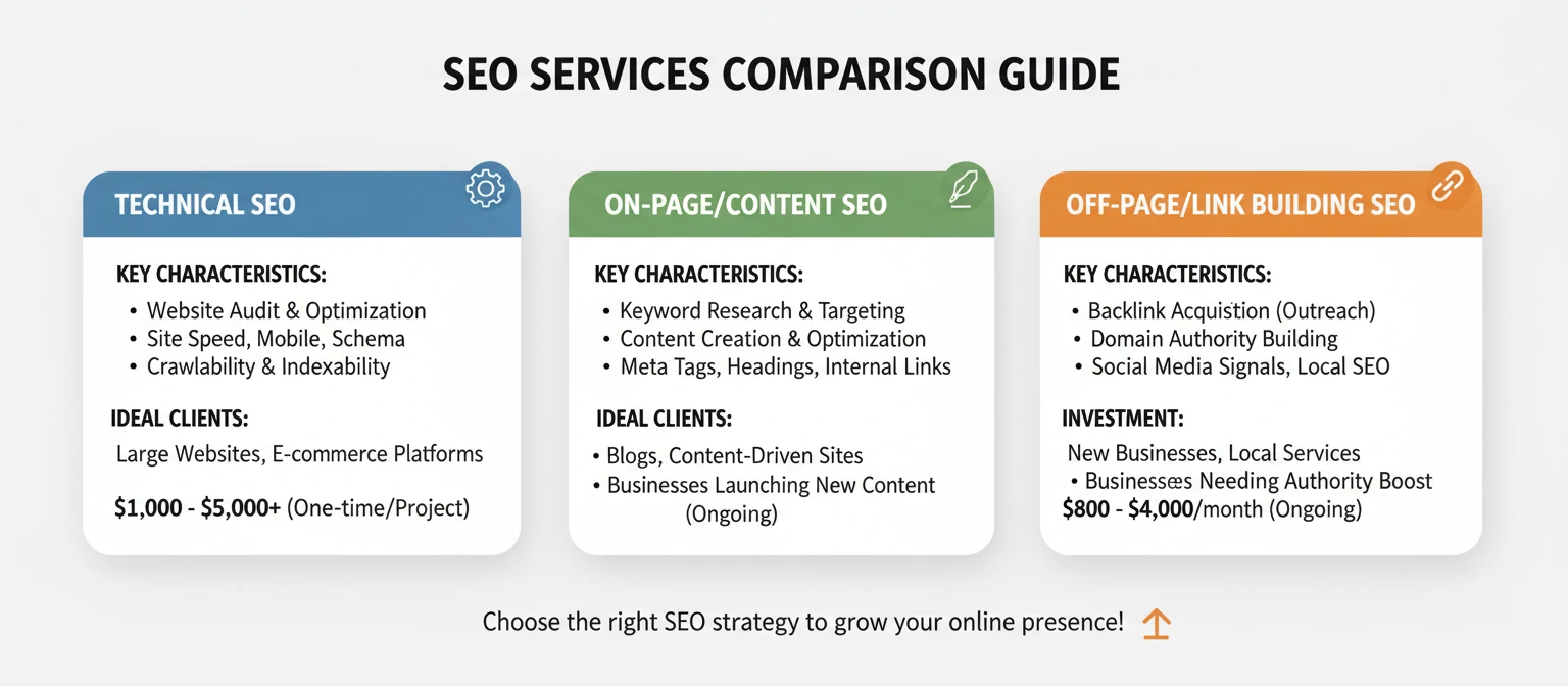 A comparison diagram showing the different types of SEO services