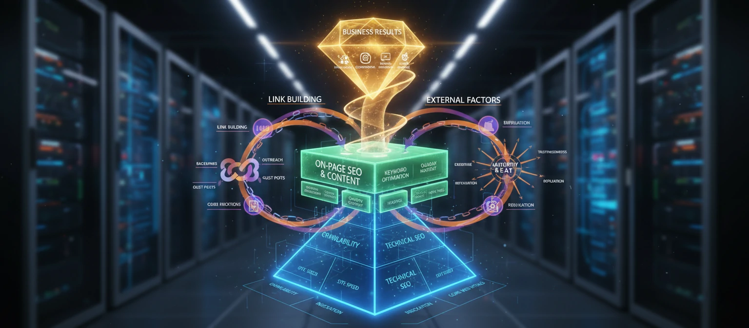 A comprehensive diagram showing how different SEO services interconnect