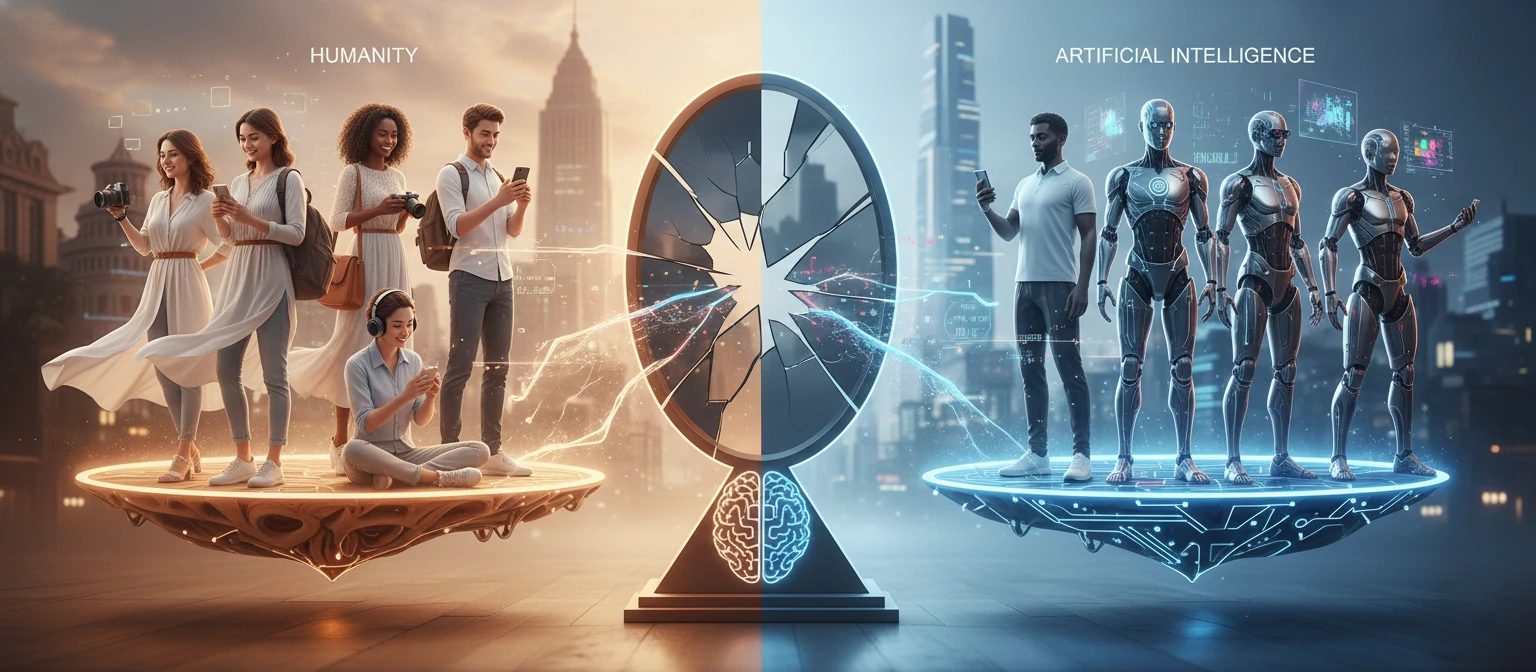 A conceptual illustration showing human and AI influencers side by side