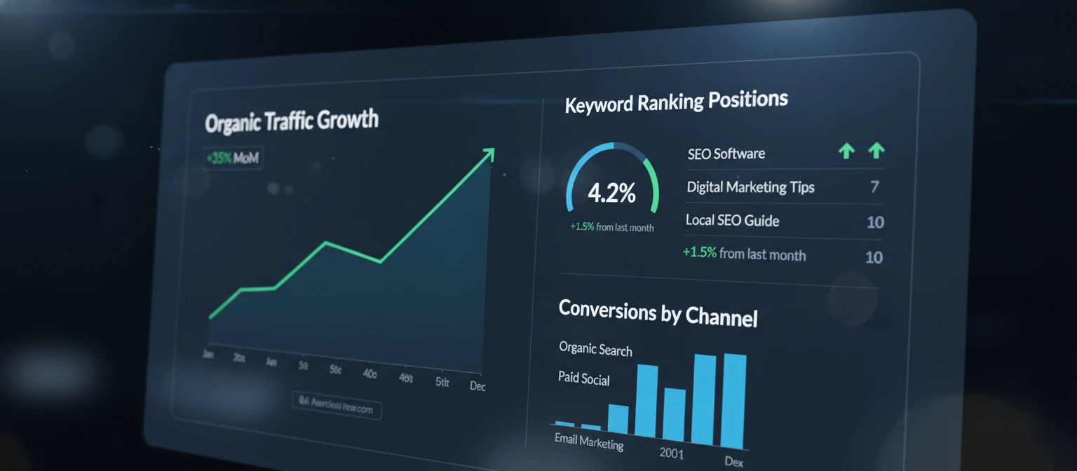 A dashboard mockup showing key SEO metrics organic traffic growth chart