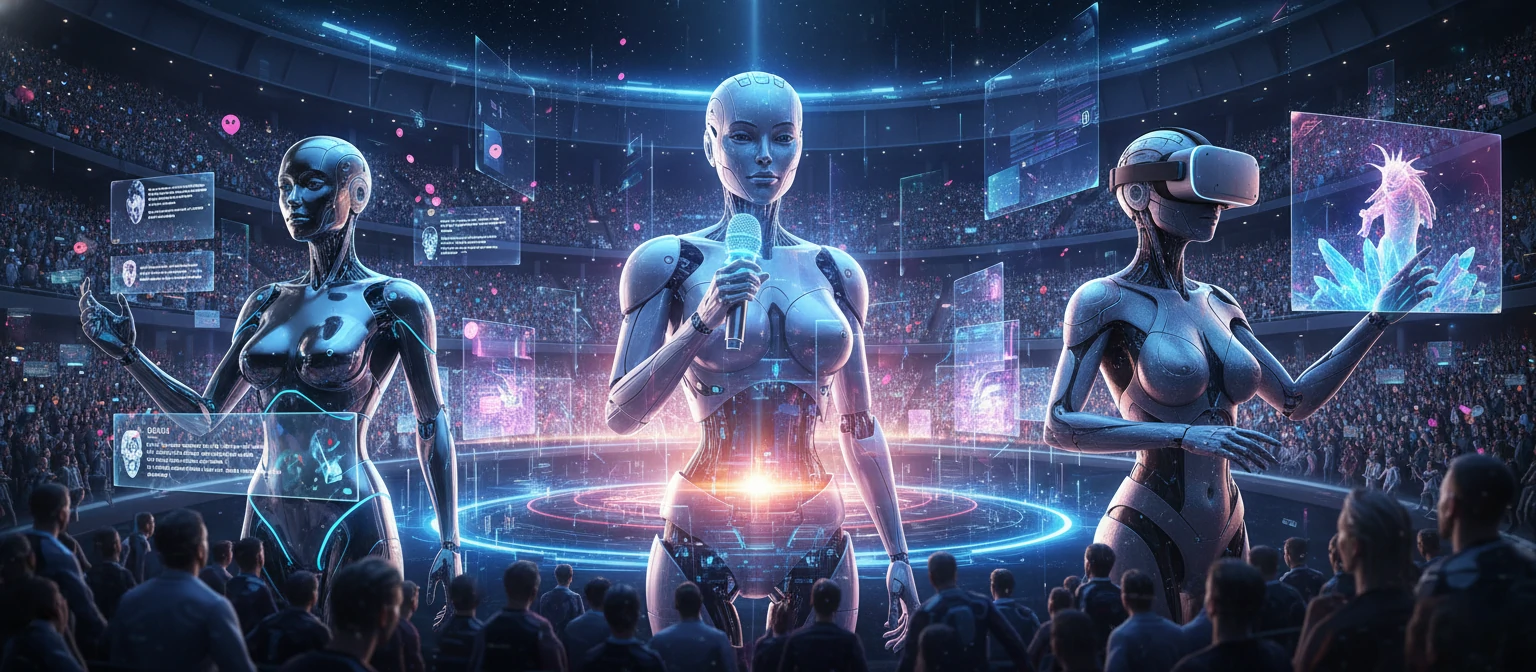 A futuristic visualization showing AI influencers in various scenarios