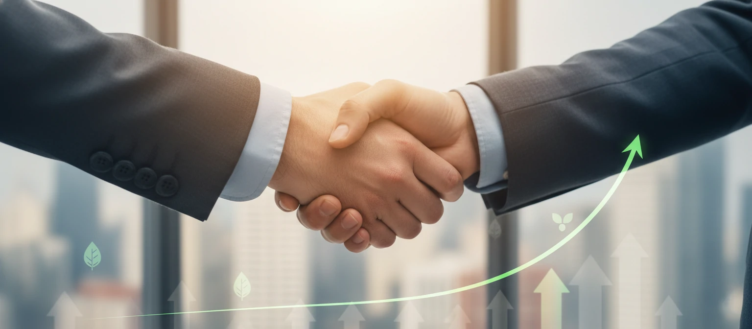 A handshake illustration representing successful partnership between business owner and SEO company