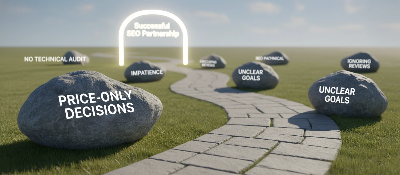 A mistakes to avoid visual showing common pitfalls as obstacles on a path