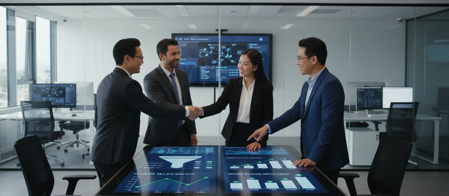 A modern B2B office environment with executives reviewing analytics dashboards displaying organic traffic growth