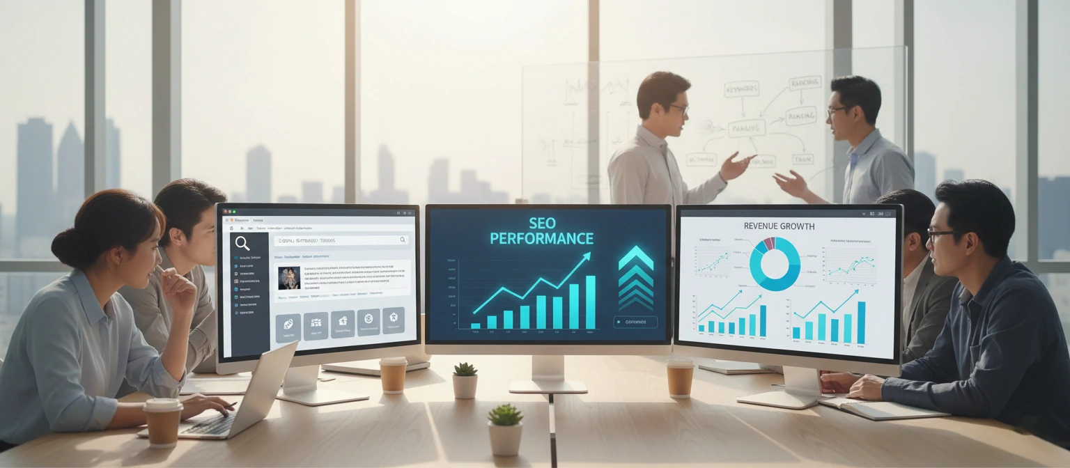 A modern, clean workspace with multiple screens showing analytics dashboards