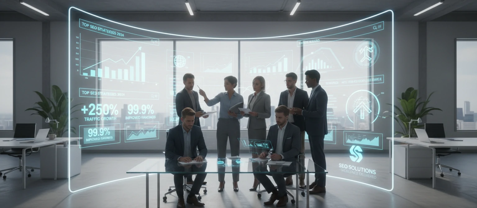 A professional team collaborating around a large screen displaying search analytics and growth metrics