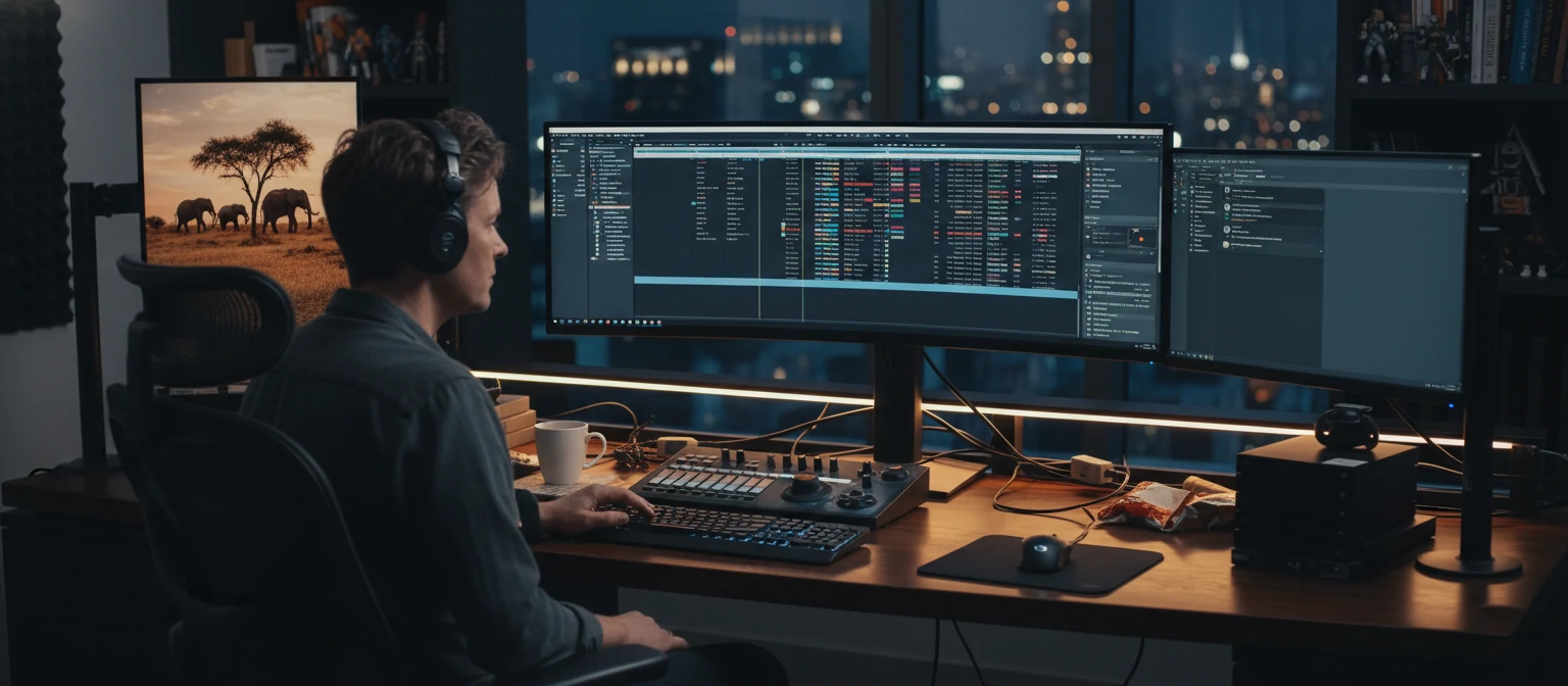 A professional video editor working on a computer with multiple screens displaying video footage and editing software