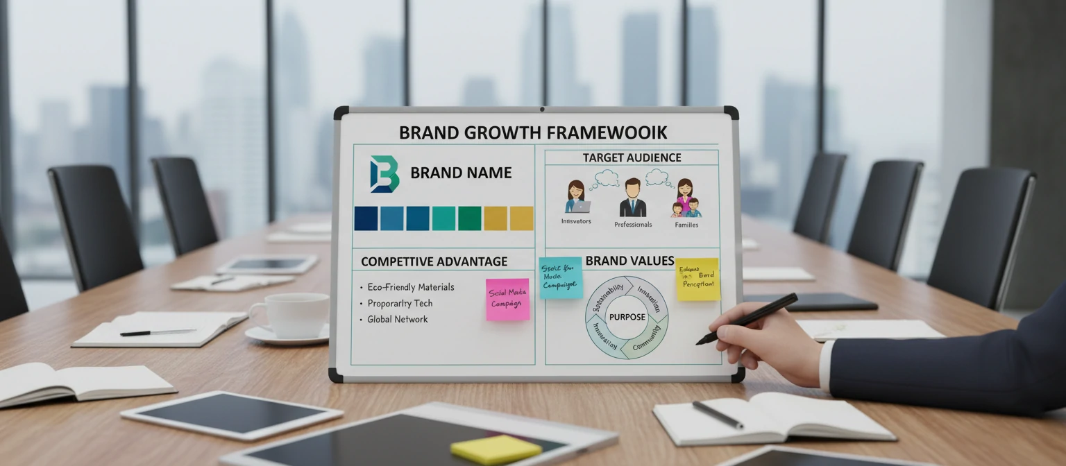 A strategic planning board with brand elements like logos, colors, and target audience representations
