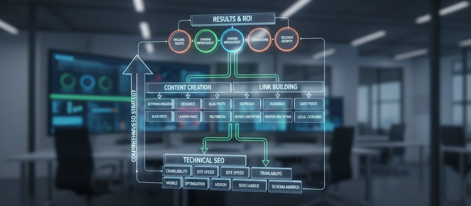 A visual flowchart showing how different SEO services connect and build upon each other