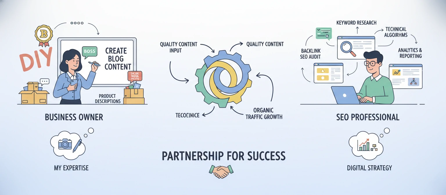 An illustration showing a business owner and SEO professional as partners