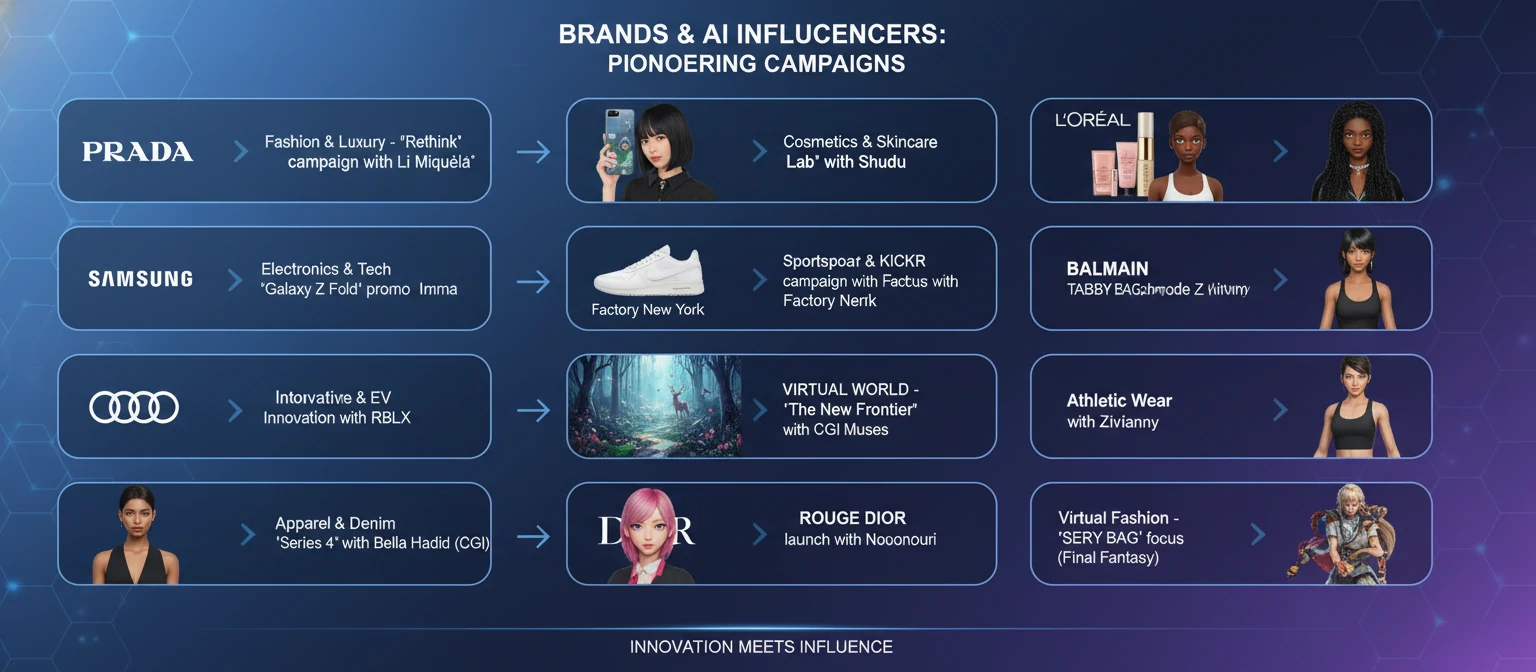An infographic showing brand logos that have worked with AI influencers