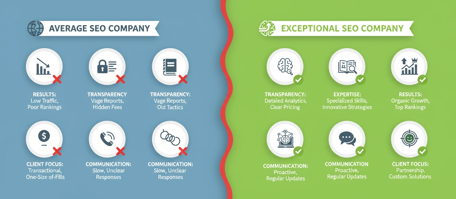 An infographic showing the key differentiators between average and exceptional SEO companies