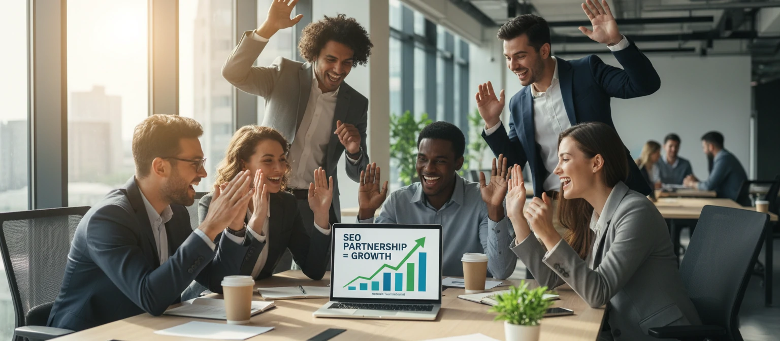 An inspiring image of a business team celebrating around a laptop showing growth charts