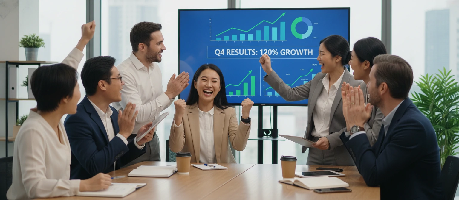 An inspiring image showing a business team celebrating successful results together