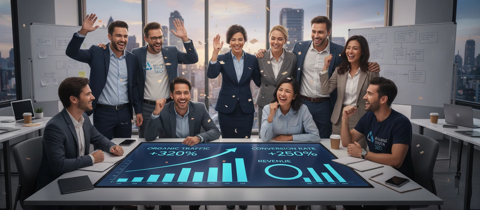 An inspiring photo of a business team and their SEO agency partners celebrating together around data showing impressive growth