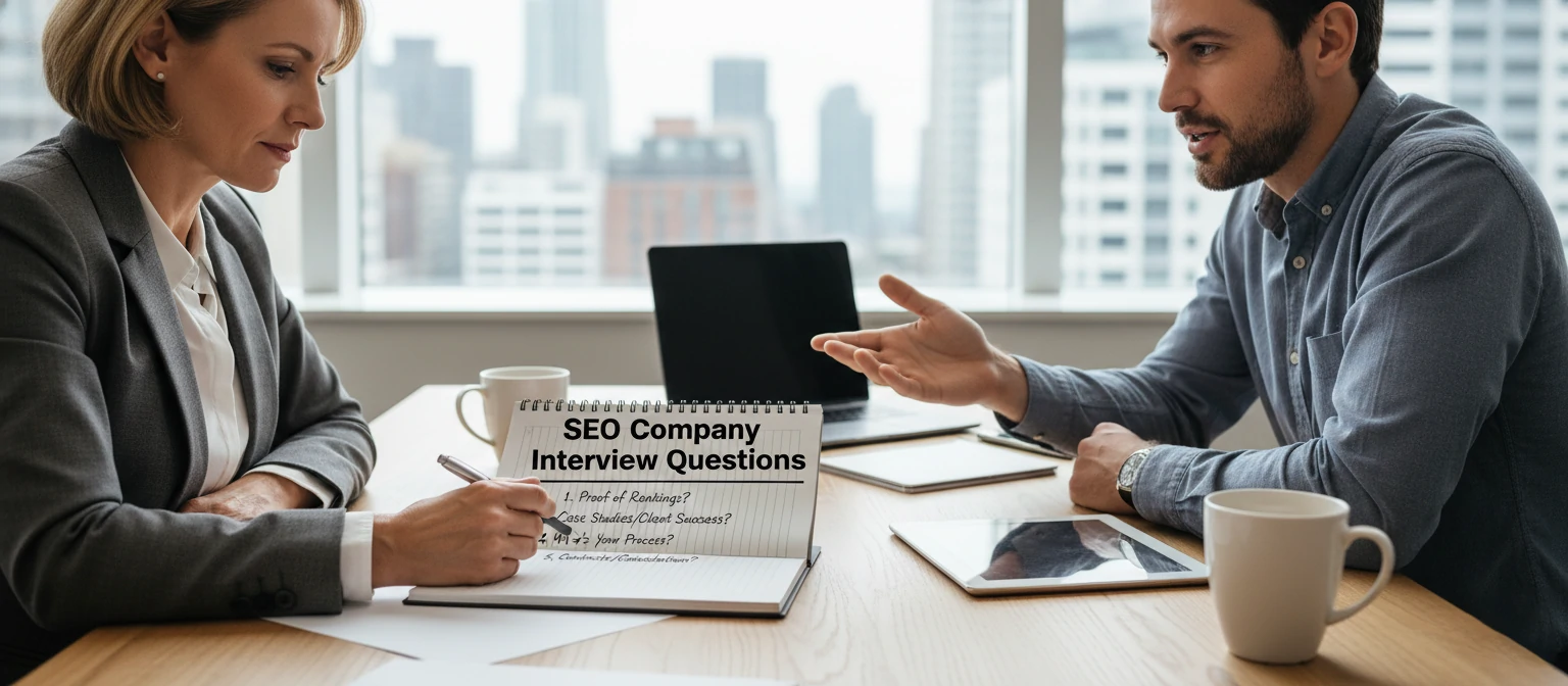An interview-consultation scene with a business owner asking questions to an SEO company representative