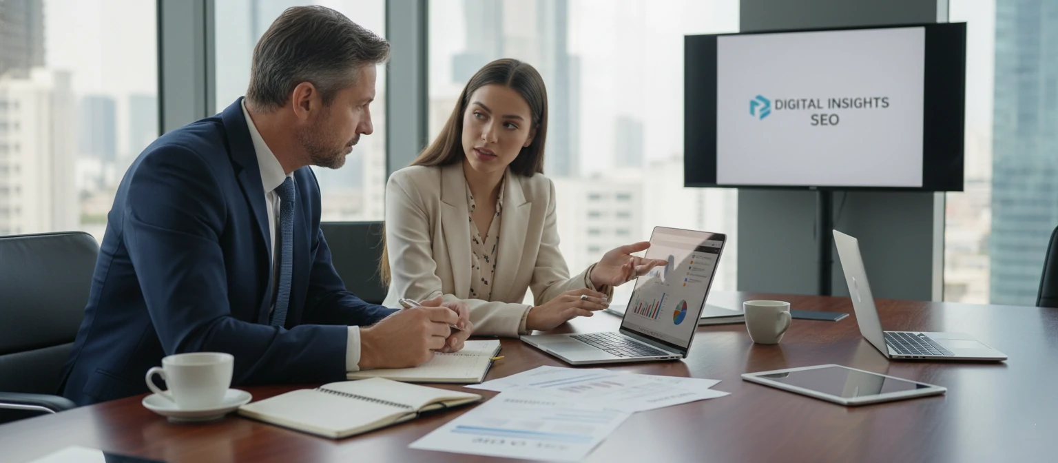 An interview or consultation scene showing a business owner asking questions to an SEO provider