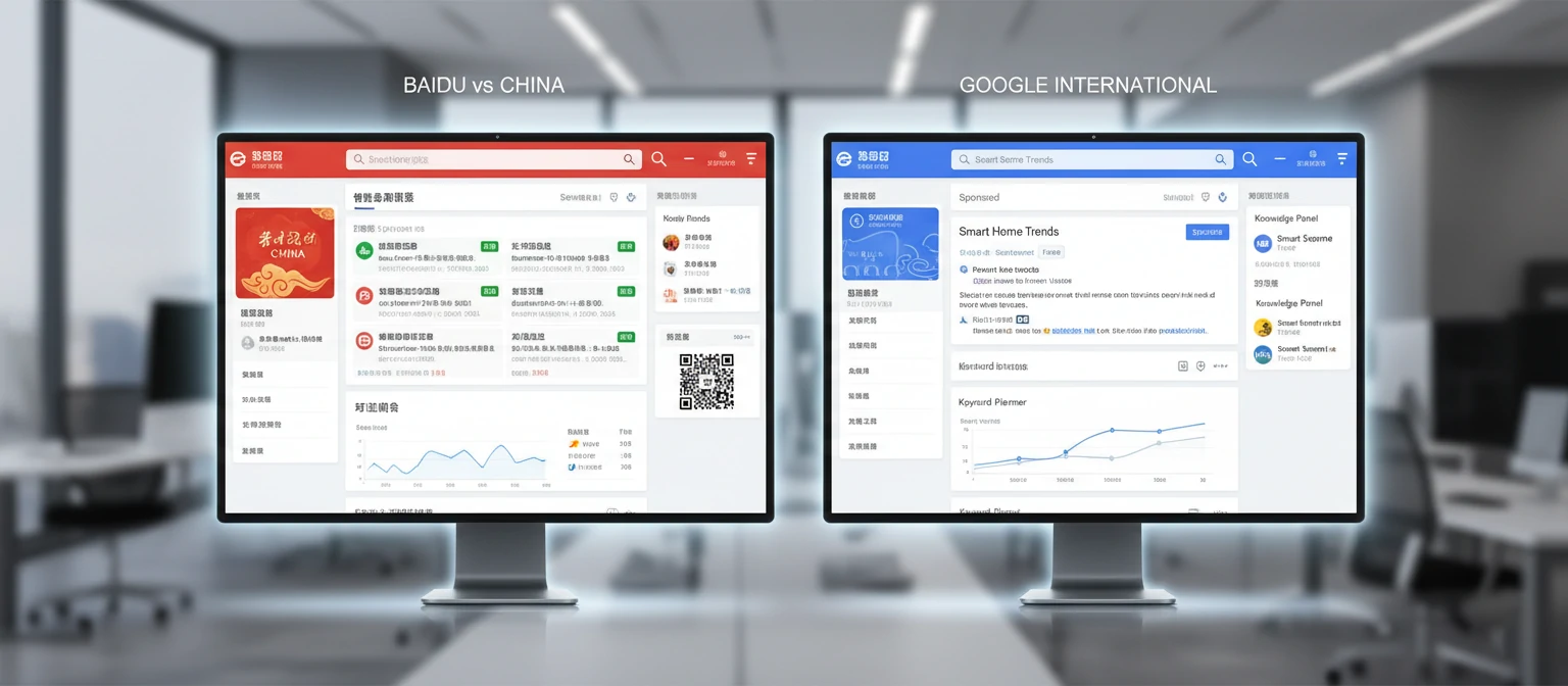 Analytics dashboard and SEO tools interface Baidu vs Google search comparison - China search landscape