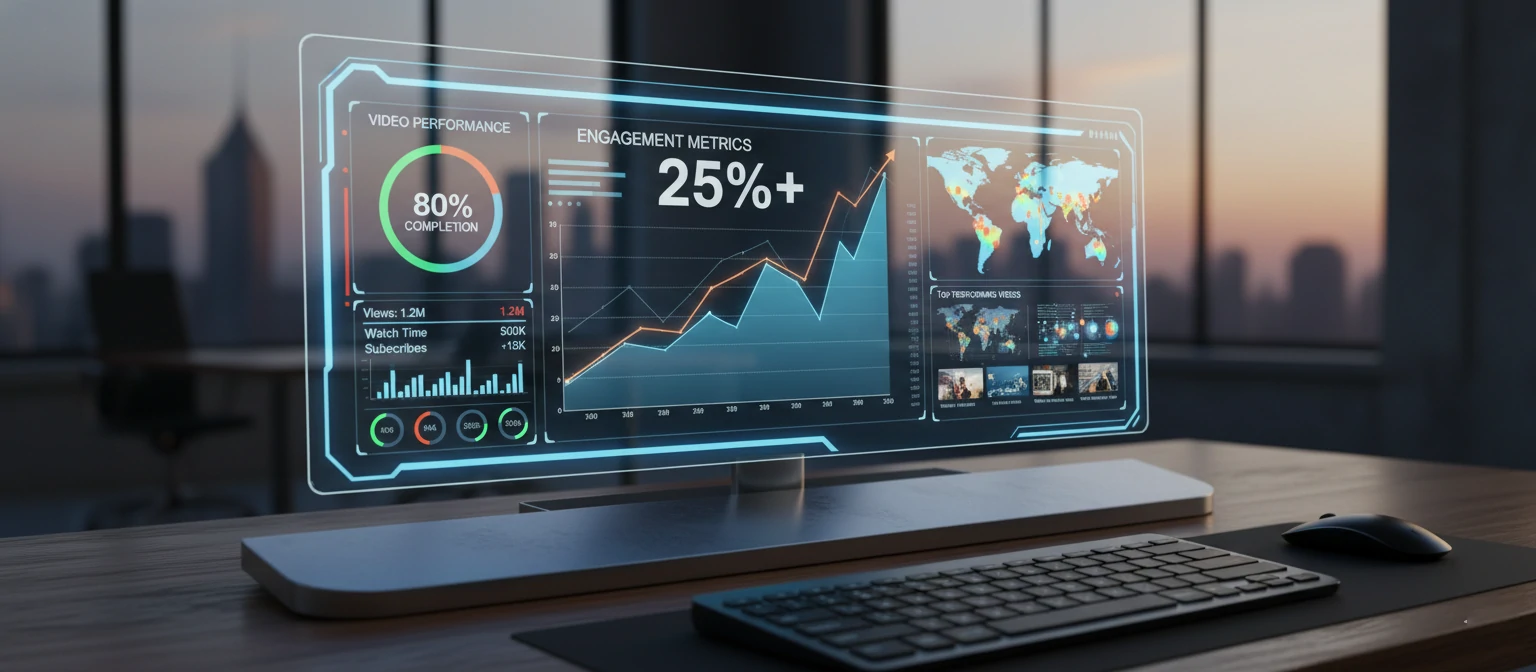 Analytics dashboard showing engagement metrics and video performance growth