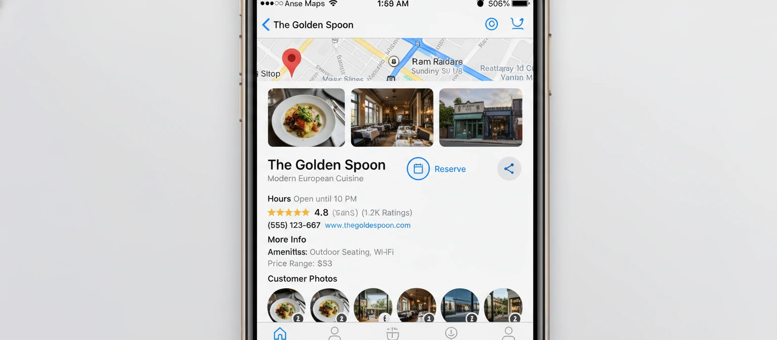 Apple Maps Screenshot Suggestion Screenshot of Apple Maps on iPhone showing a business place card with all features visible