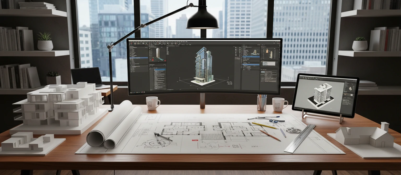Architect's workspace with detailed blueprints, CAD software on screen, drafting tools, and architectural models
