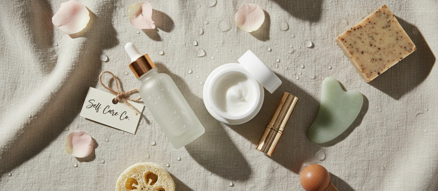 Beauty products flat lay with cosmetics and skincare items