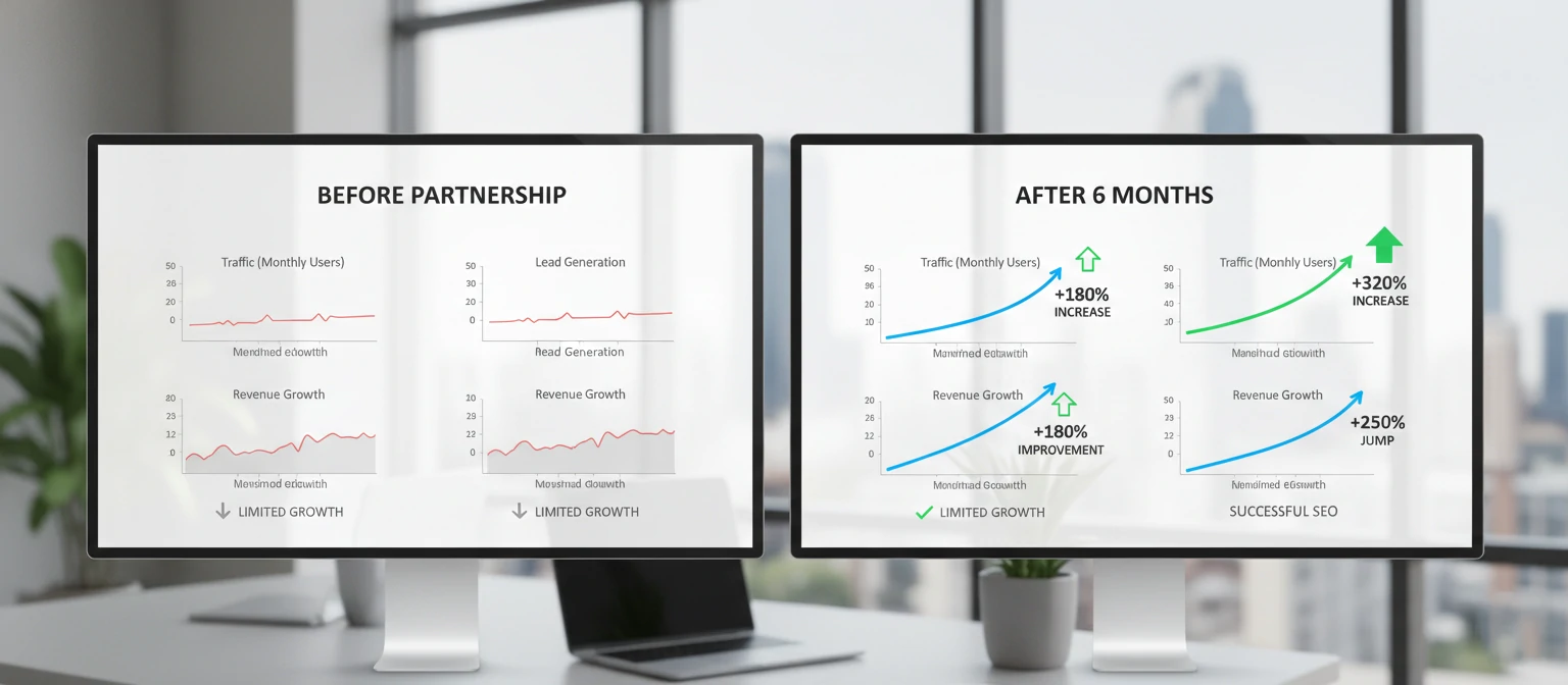 Before-after visual showing growth charts for the case studies traffic increase