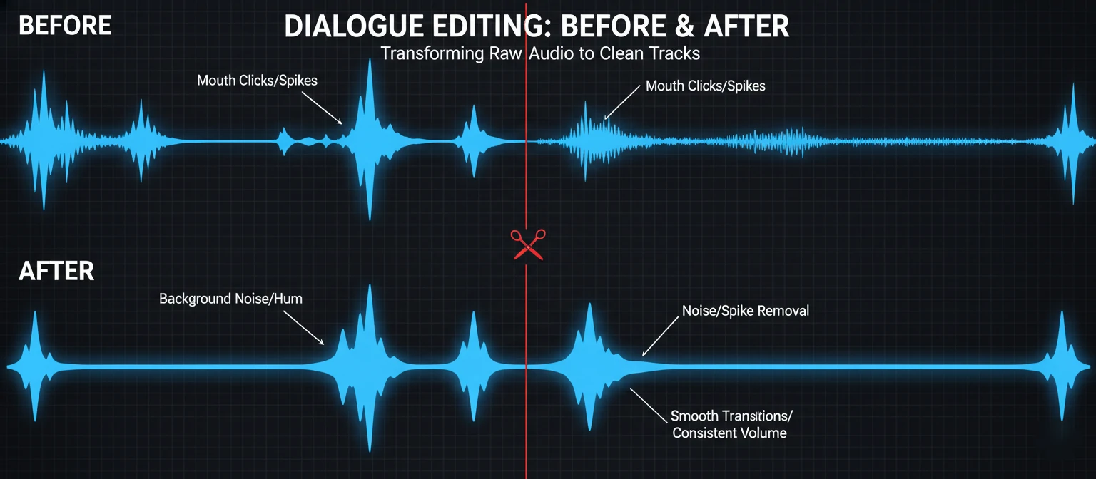 Before-after waveform comparison showing dialogue editing