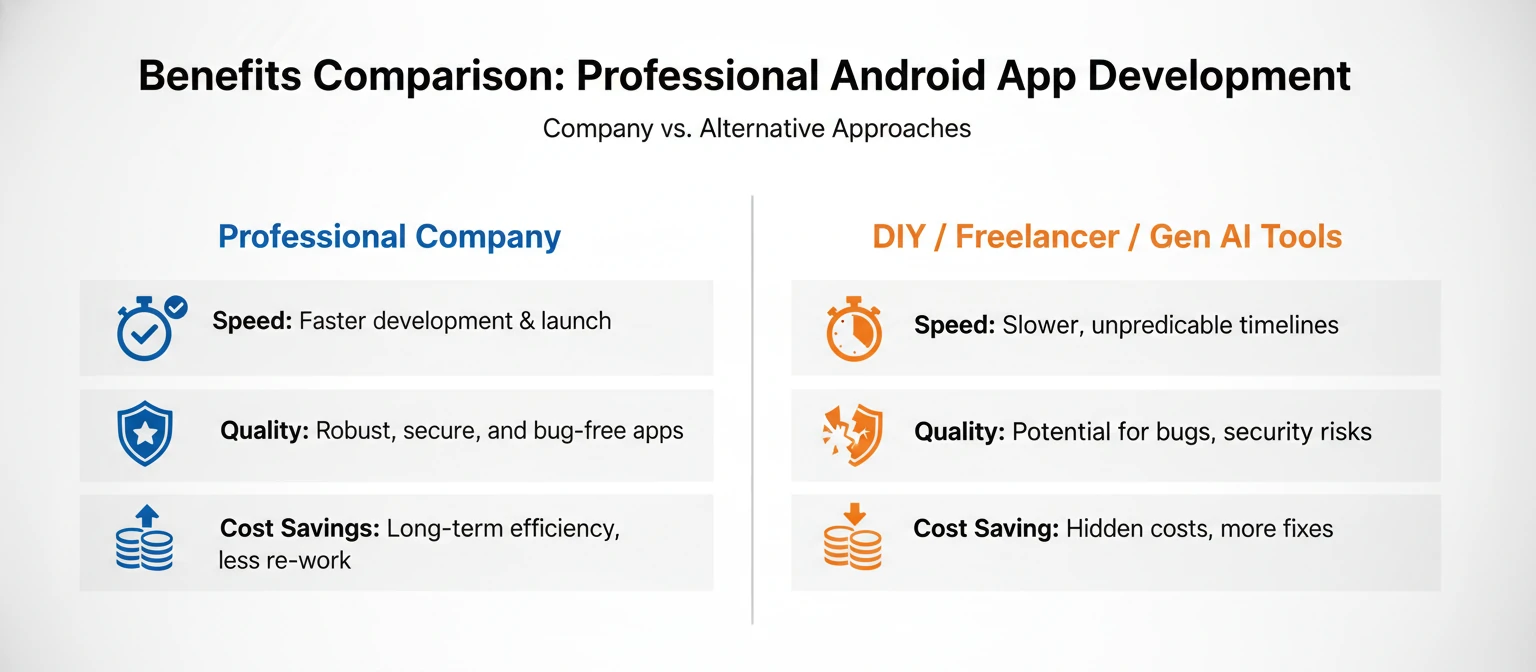 Benefits comparison Professional Android app development company vs. alternative approaches