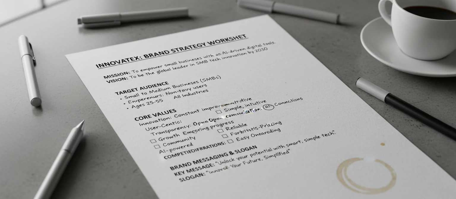 Brand strategy worksheet example for a tech startup showing filled sections