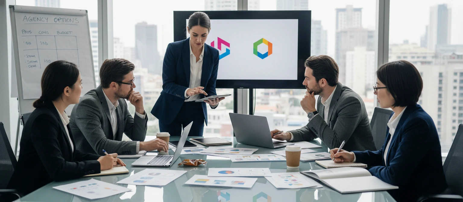 Business team evaluating creative agency options