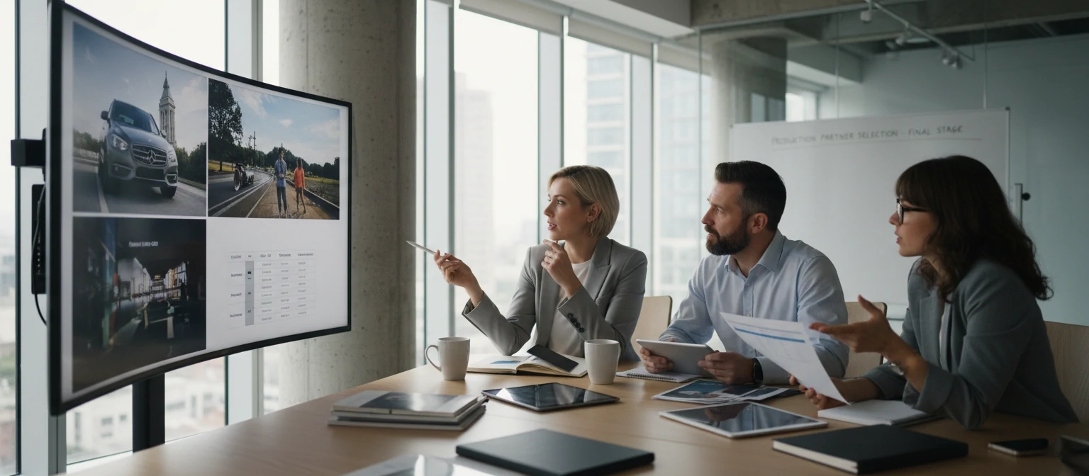 Business team evaluating videography portfolios and selecting production partner