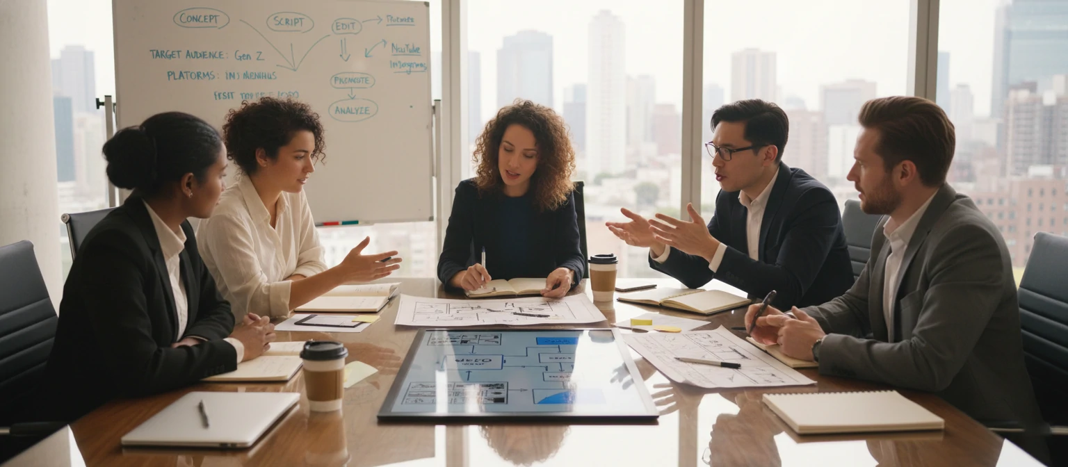 Business team meeting discussing video production strategy and storyboards