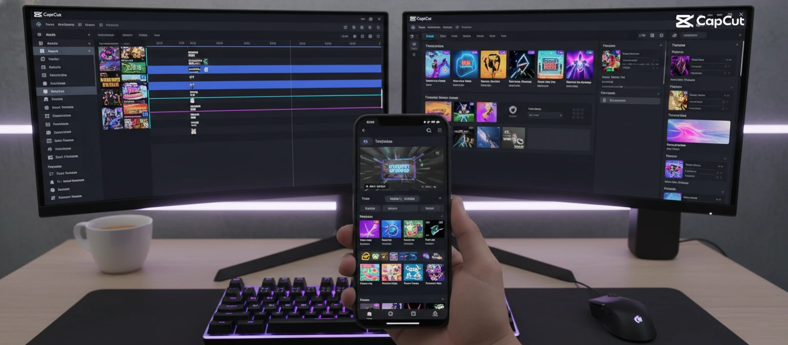 CapCut mobile and desktop editing interface with trendy effects and templates