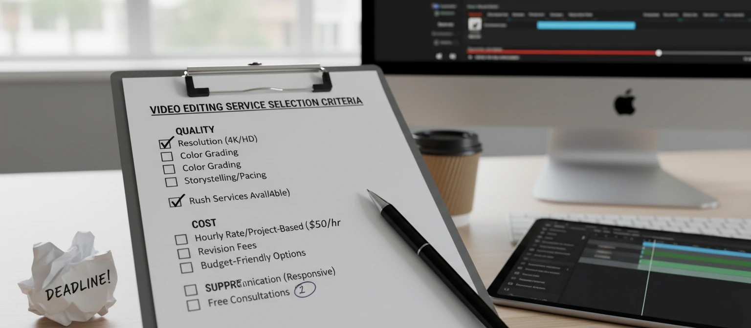 Checklist of criteria for selecting a video editing service including quality, speed, cost, and support