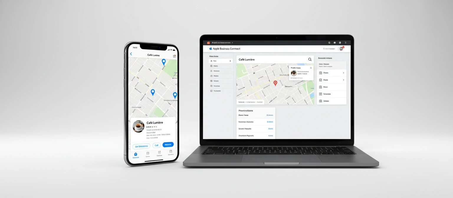 Clean Apple-style hero image showing an iPhone and MacBook displaying Apple Maps with a business location card open
