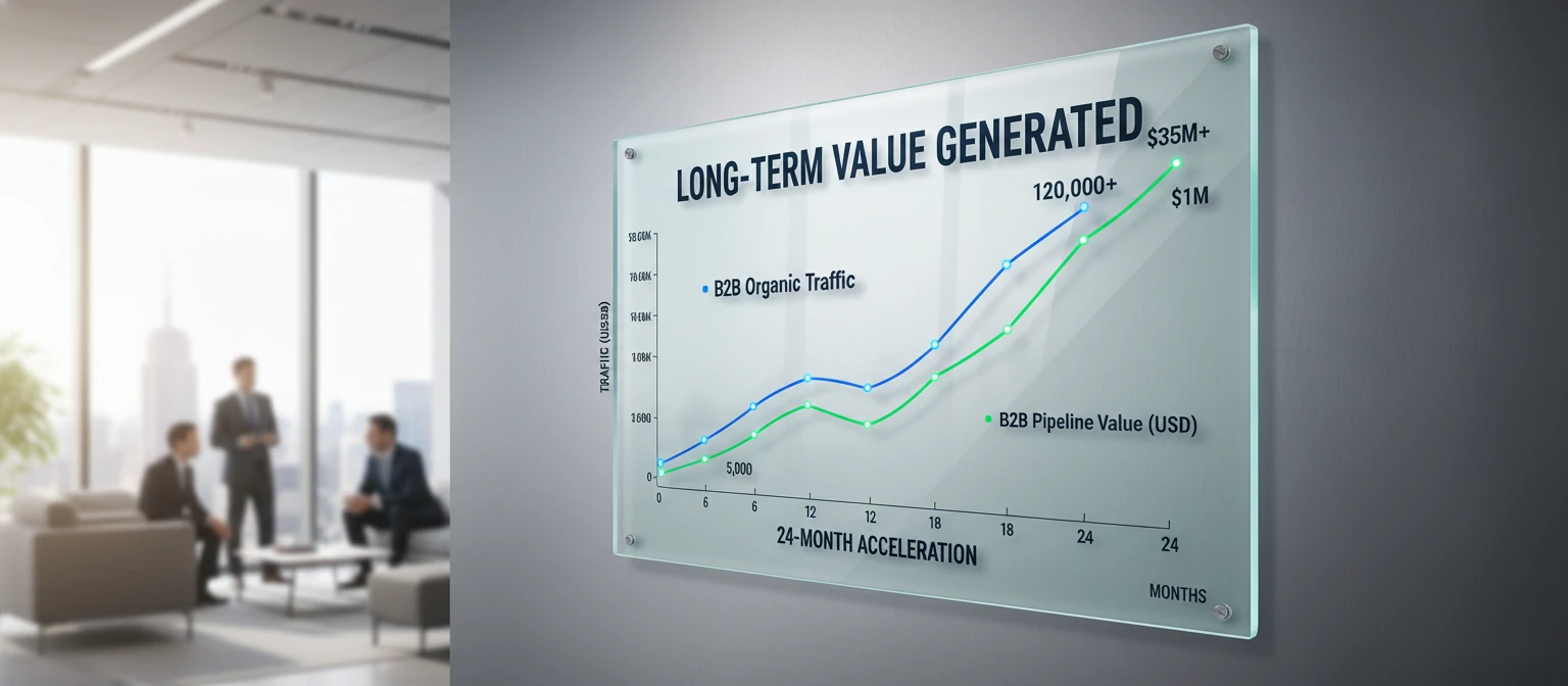 Closing Image Growth chart showing B2B organic traffic and pipeline metrics trending upward over 24-month period
