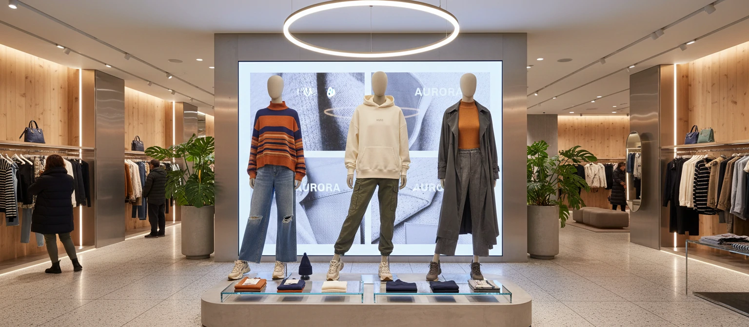 Clothing brand product photos displayed in modern retail setting