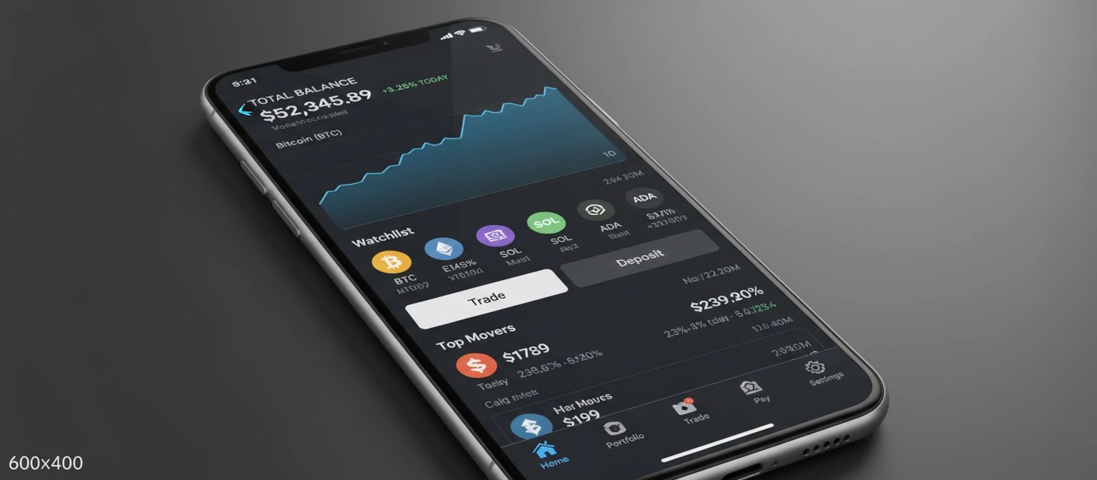 Coinbase app interface screenshot showing the trading dashboard