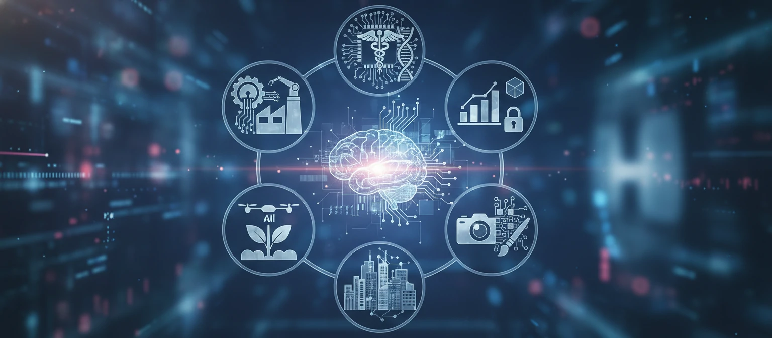 Collage of industry icons with AI integration symbols