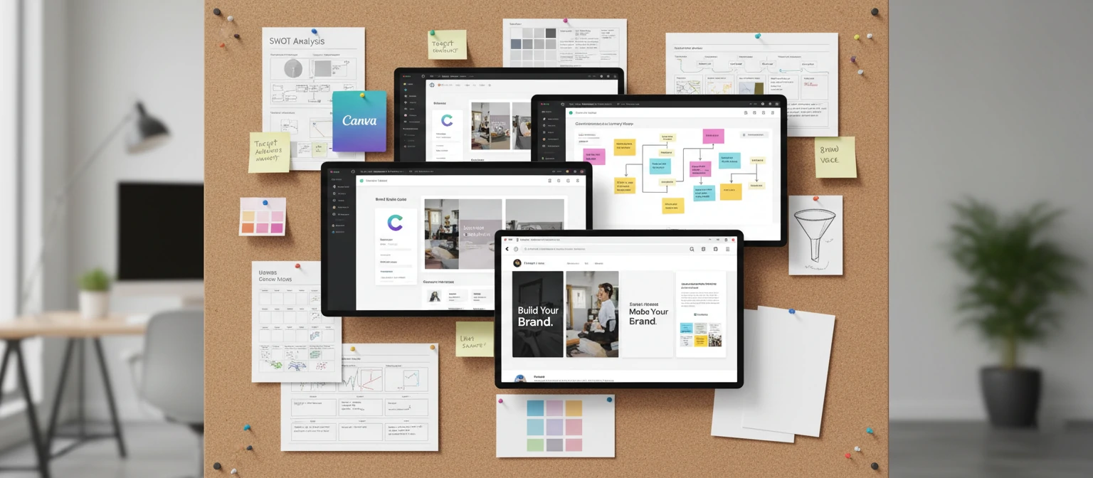 Collage of popular brand strategy tools and templates including Canva, Miro, and Adobe Spark