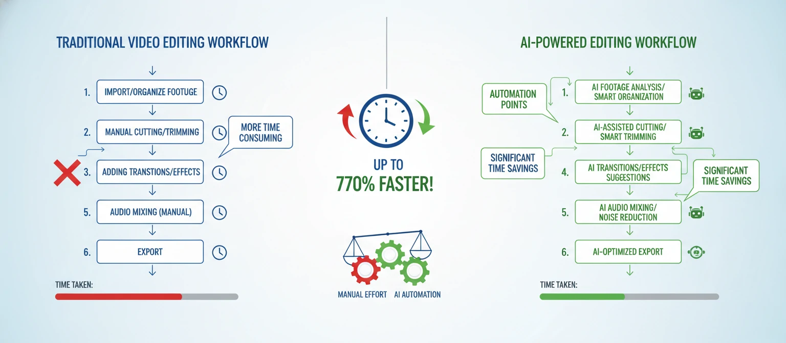 Comparison infographic showing traditional video editing workflow vs. AI-powered editing workflow
