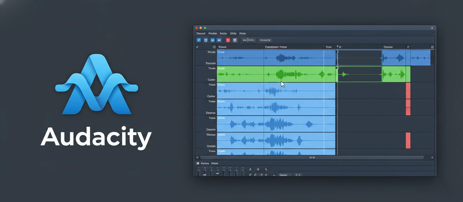 Composite image showing Audacity logo alongside the main editing window
